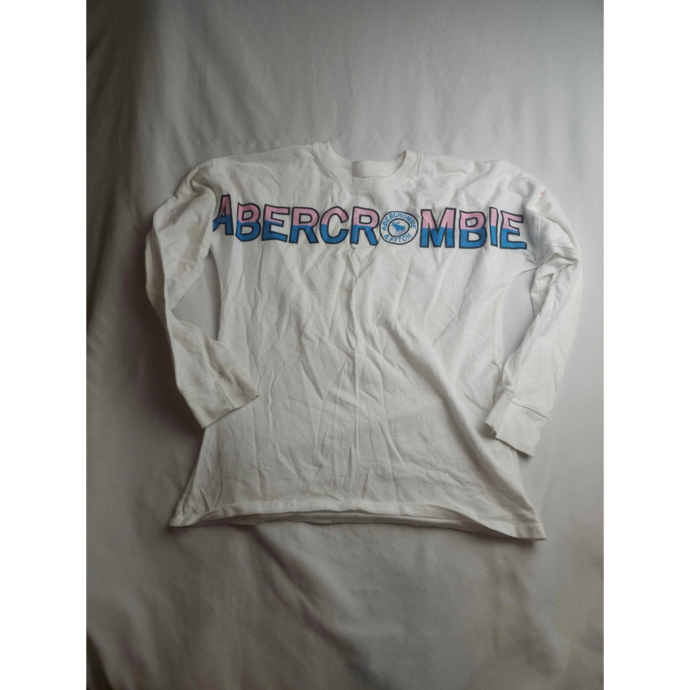 Abercrombie Kids White Long Sleeve Graphic Logo Tee Pink Blue Size 11/12